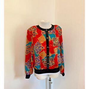 VTG Notations Versace Look Jacket Top 16W Red Satin Abstract Ornate Button Crop